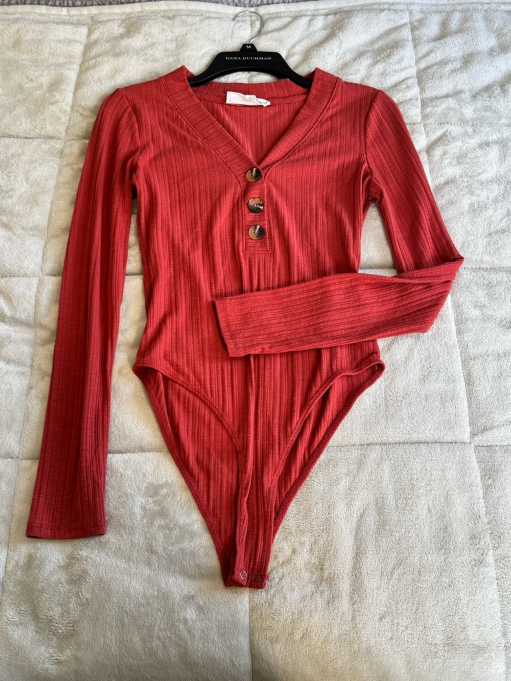 Hippie Rose Red Ribbed Long-Sleeve V-Neck Bodysuit with Button Placket